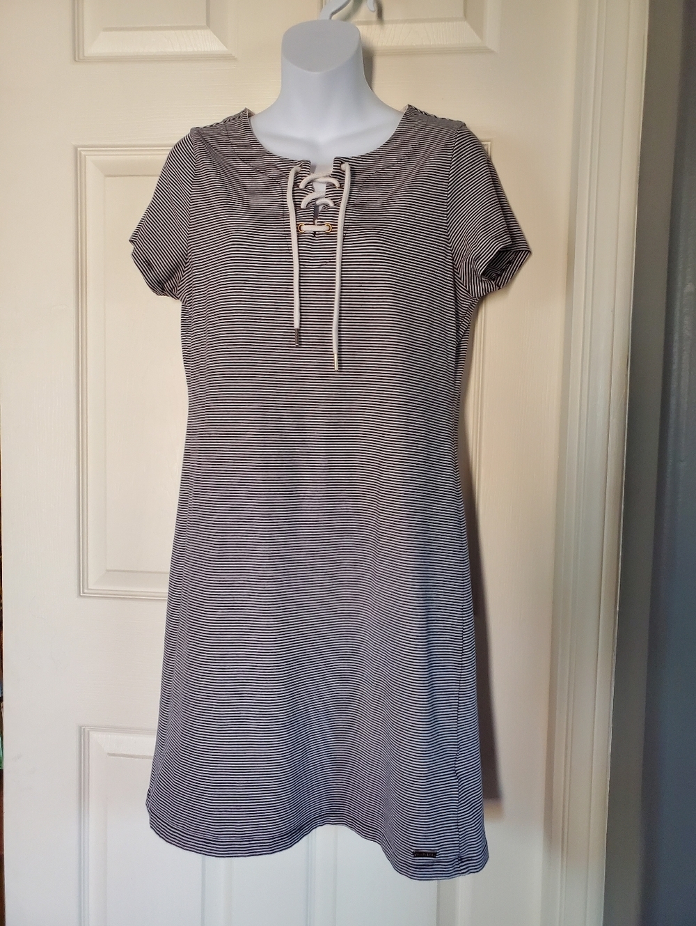 Tommy Hilfiger Midi Dress Stripe Shift Nautical Draw String Summer Vacation Boat